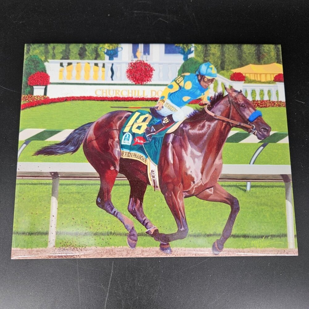 American Pharoah Horse Racing Equestrian Signed Martinez Ceramic Art Tile Panel